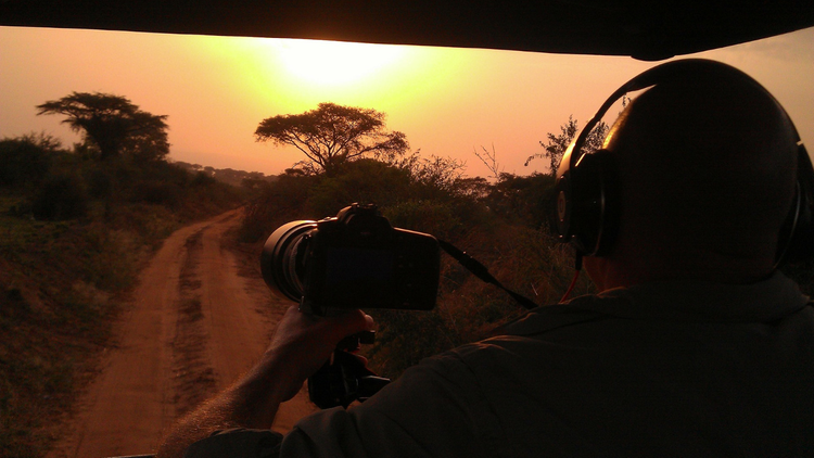Un homme à bord d'un 4x4 prêt à photographier la savane à l'heure du coucher de soleil