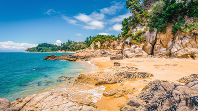Sandstrand mit Felsen im Abel Tasman Nationalpark
