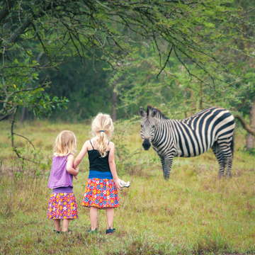 Zwei kleine Mädchen beobachten ein Zebra