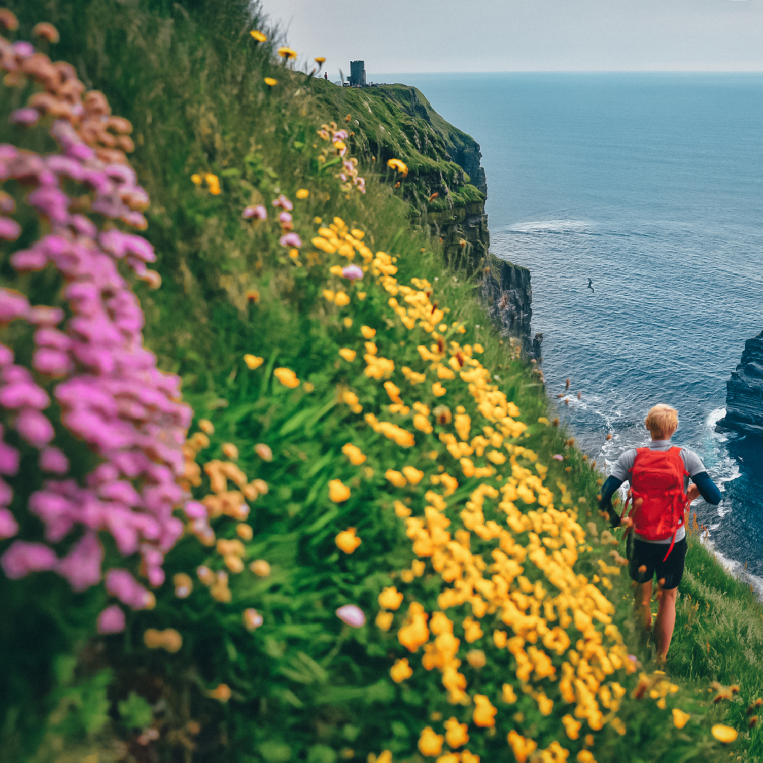 Irland: Blick über Blumen auf die Küste