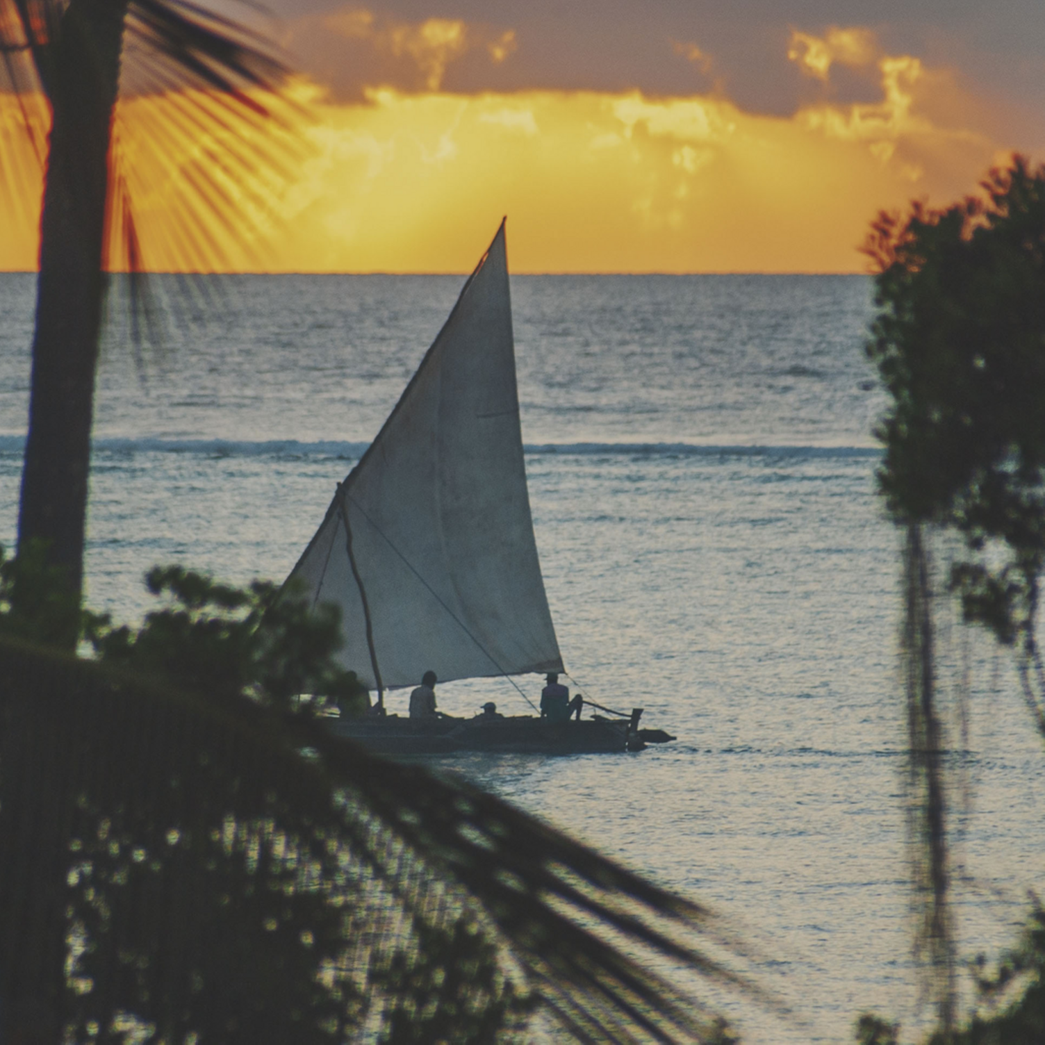 Bateau de pêche naviguant au coucher du soleil le long de la côte de Zanzibar