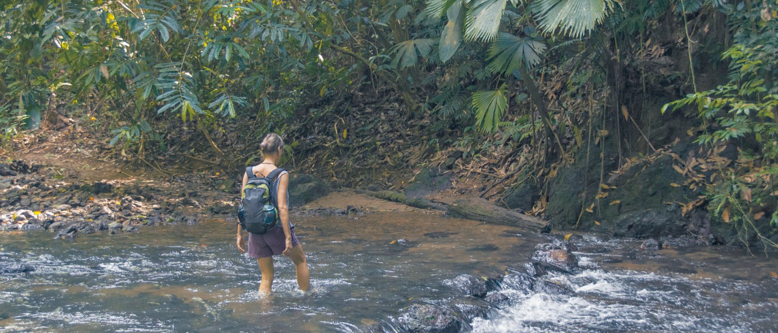 Woman crossing a stream in Corcovado National Park. Costa Rica.