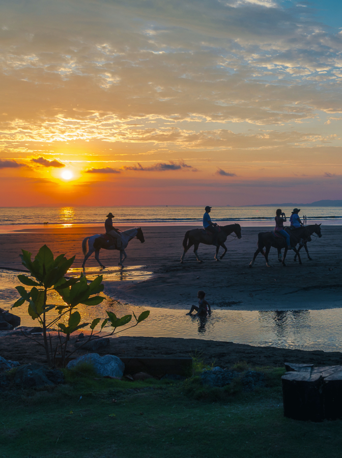 At sunset several tourists walking on horseback in Jaco Beach. Costa Rica, nature paradise