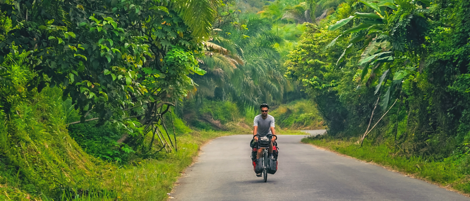 Male cyclist cycling through dense jungle landscape