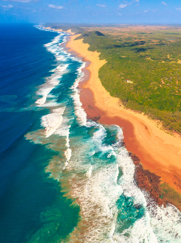 01 Aerial view of Sodwana Bay National Park within the iSimangaliso Wetland Park, Maputaland, an area of KwaZulu-Natal on the east coast of South Africa