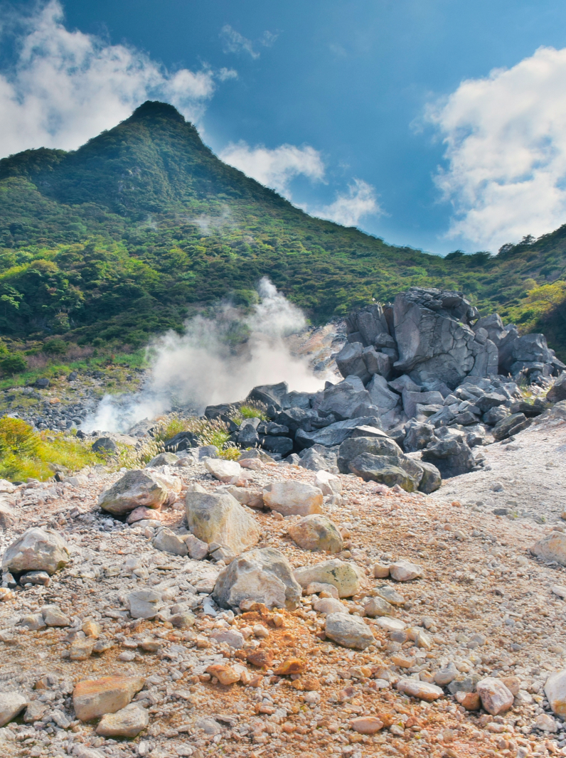 Hot spring vents at Owakudani valley at Hakone in Japan