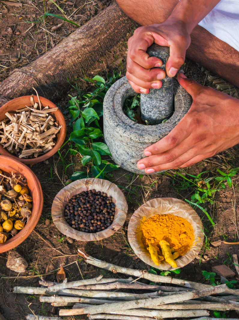 A young man preparing ayurvedic medicine in the traditional manner. - Image