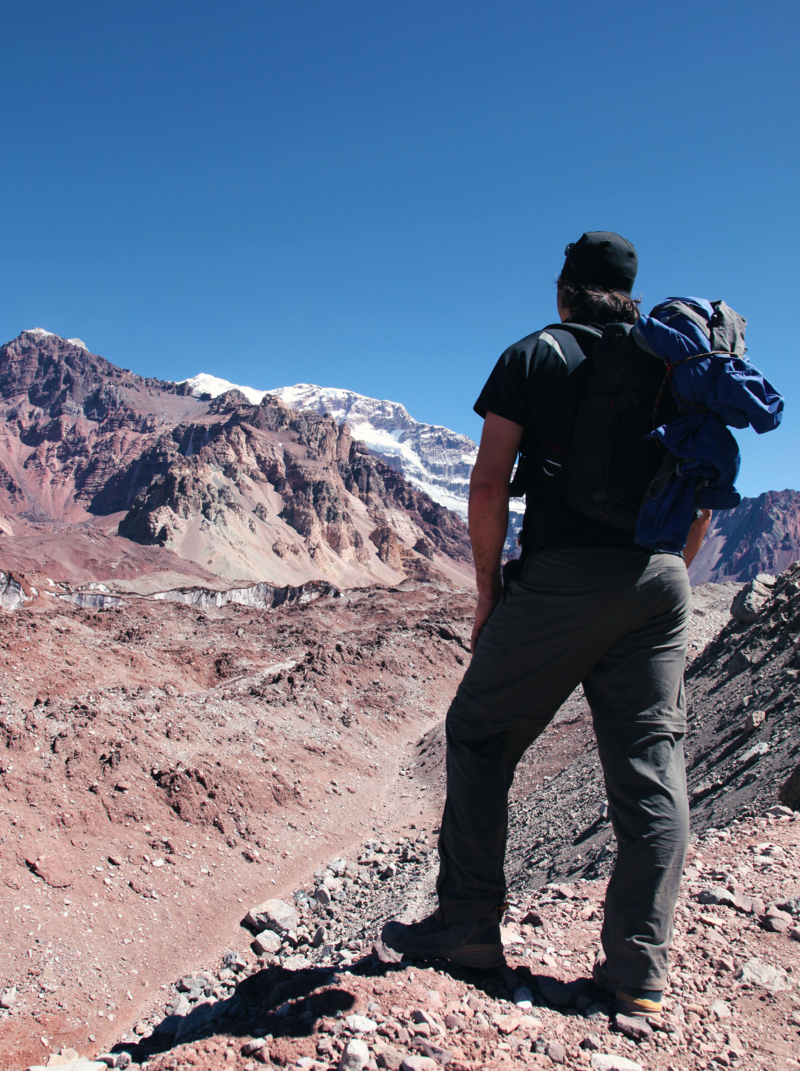 Manlooking at the Aconcagua summit, Highest peak of all Americas