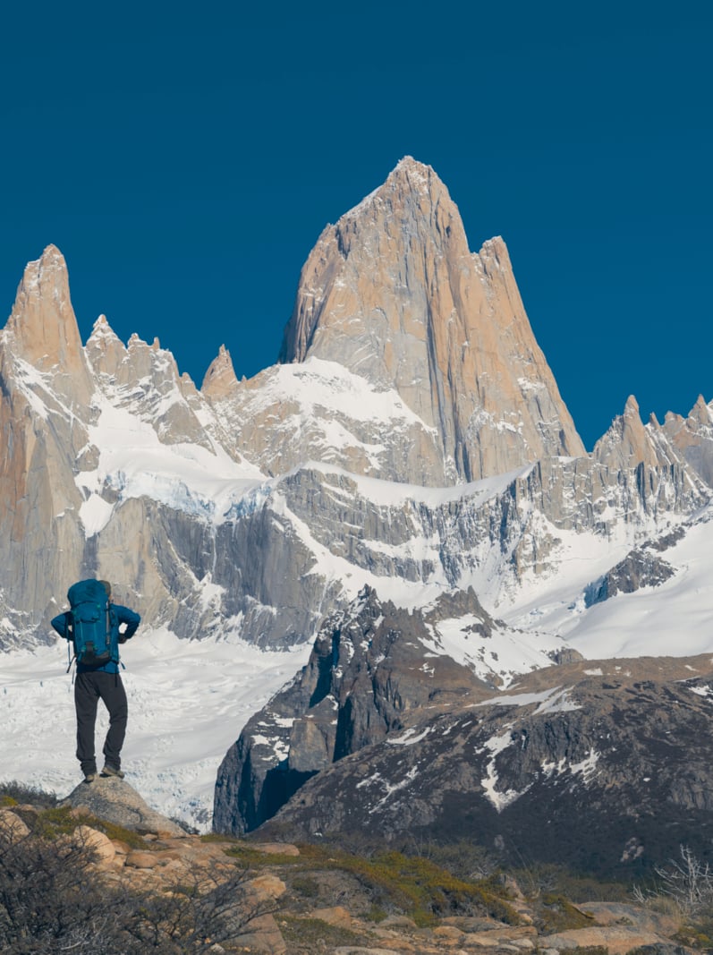 Hiking Adventure in the mountains with Mount Fitz Roy in the background
