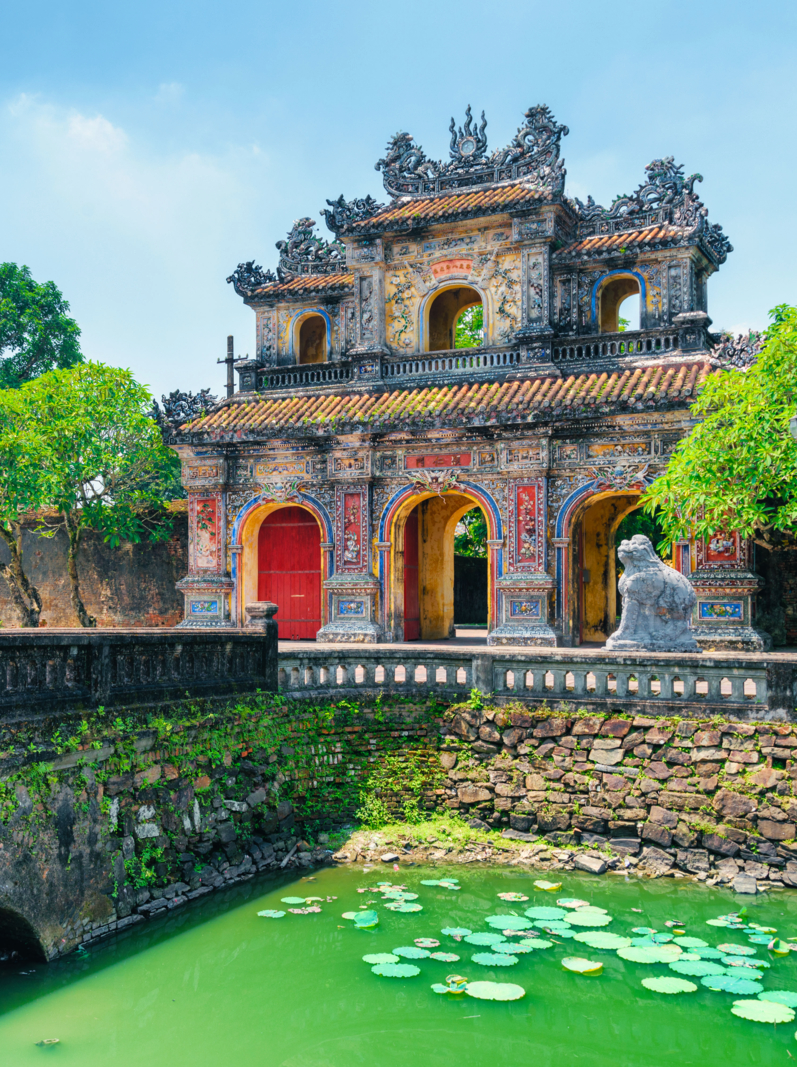 Wonderful view of the East Gate (Hien Nhon Gate) to the Citadel and a moat surrounding the Imperial City with the Purple Forbidden City in Hue, Vietnam