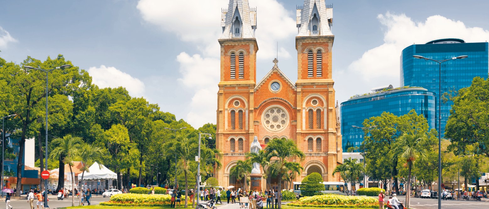 Saigon Notre-Dame Cathedral Basilica (Basilica of Our Lady of The Immaculate Conception) on blue sky background in Ho Chi Minh city, Vietnam. Ho Chi Minh is a popular tourist destination of Asia