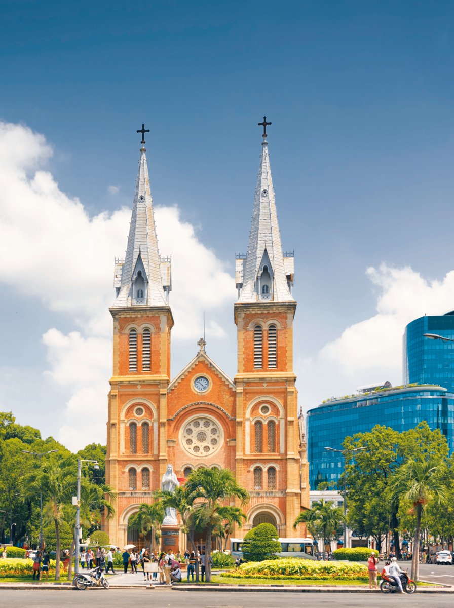 Saigon Notre-Dame Cathedral Basilica (Basilica of Our Lady of The Immaculate Conception) on blue sky background in Ho Chi Minh city, Vietnam. Ho Chi Minh is a popular tourist destination of Asia