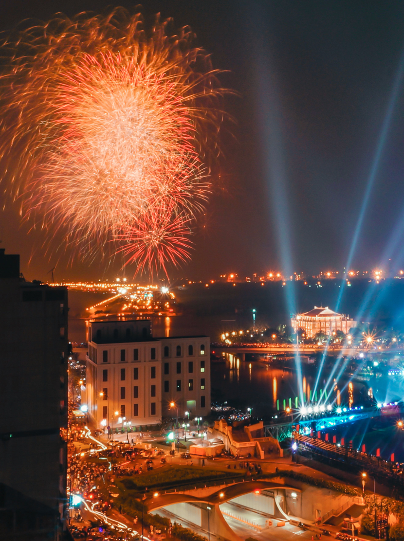 New year celebration with fireworks in Ho Chi Minh city center