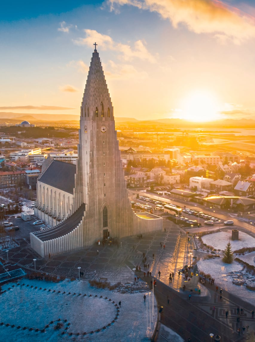 Hallgrimskirkja church and Reykjavik cityscape in Iceland aerial view