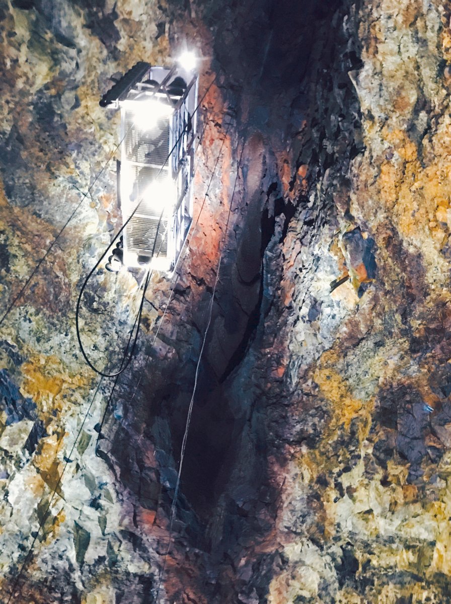 Inside the Volcano - Thrihnukagigur Magma Chamber, Iceland. Down on the bottom of a volcano at iceland, last eruption was 4000 years ago. Construction style elevator going down into the cave