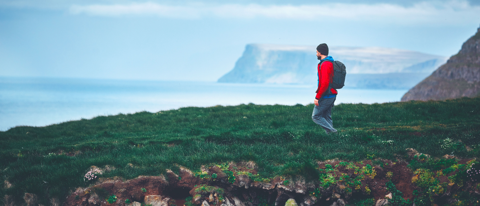 Man tourist walks on Stunning Latrabjarg cliffs, Europe's largest bird cliff and home to millions of birds, including puffins, northern gannets, guillemots and razorbills. Western Fjords of Iceland