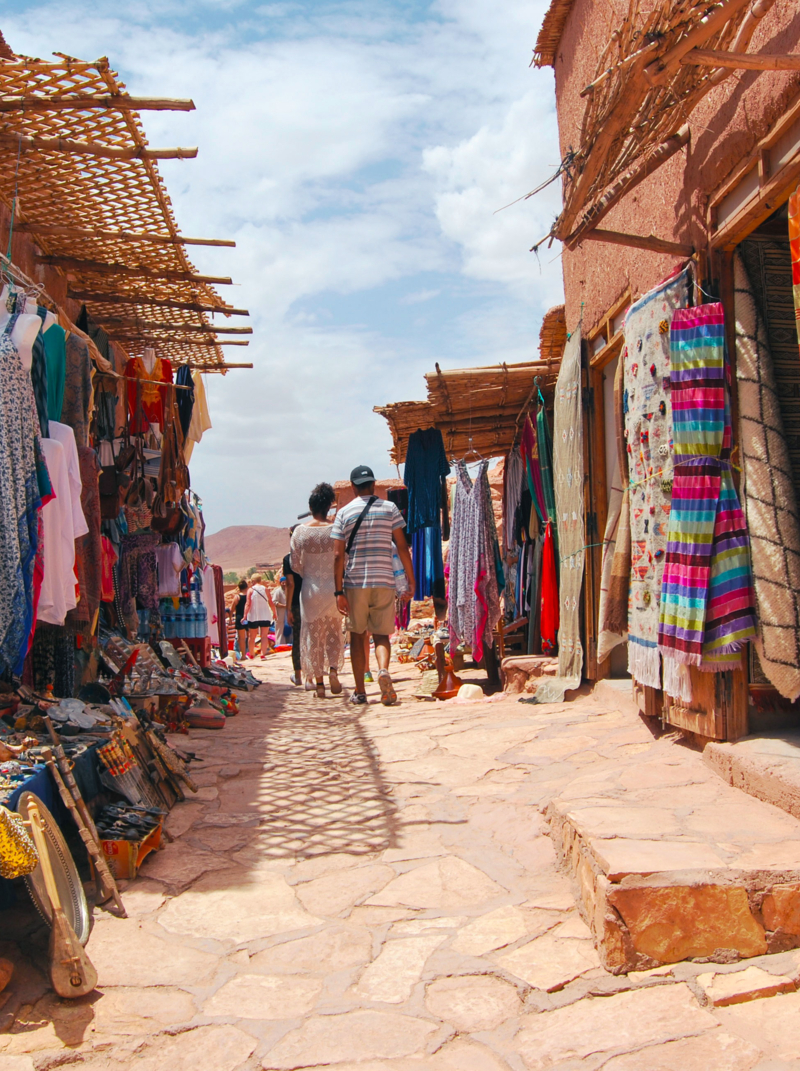 View of craft stalls at Kasbah Ait Ben Haddou near Ouarzazate in the Atlas Mountains of Morocco