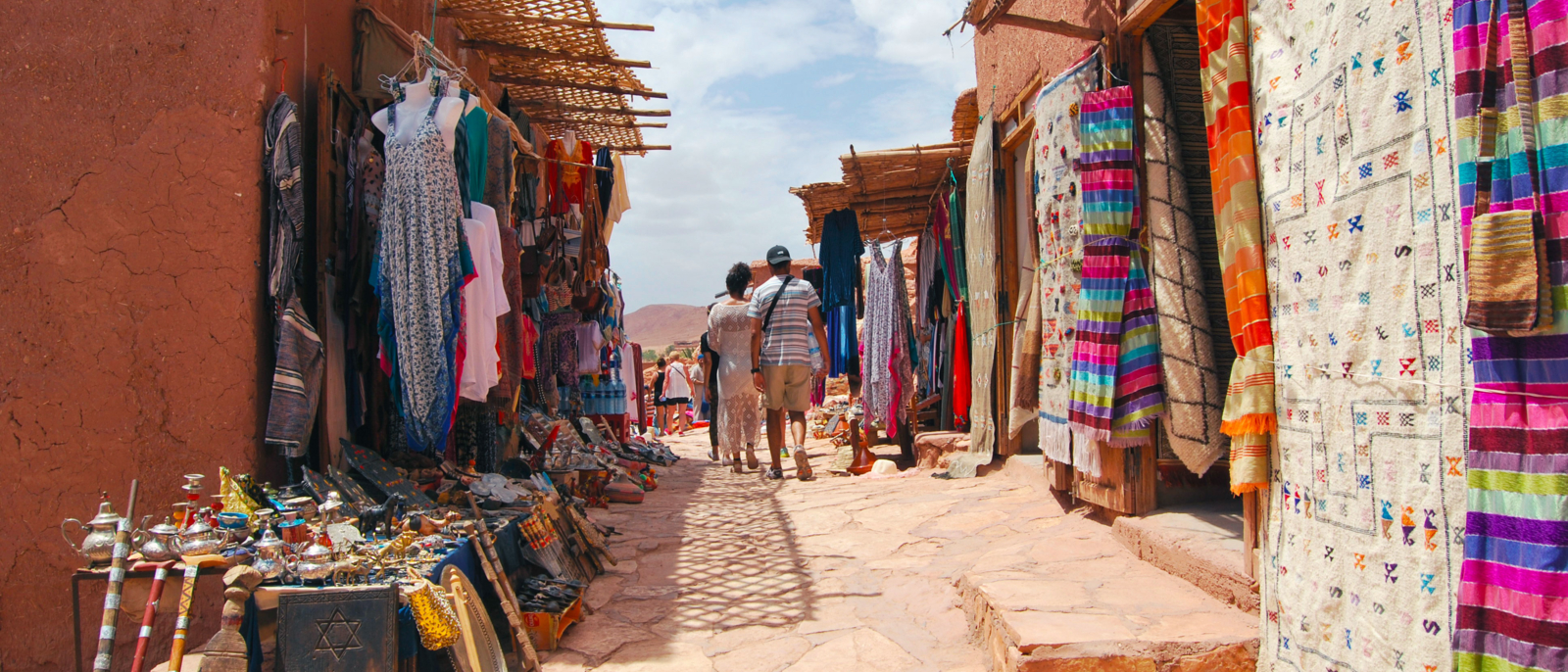 View of craft stalls at Kasbah Ait Ben Haddou near Ouarzazate in the Atlas Mountains of Morocco