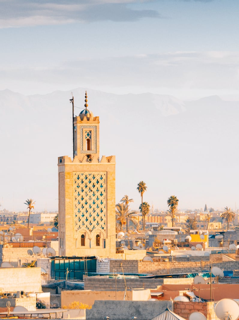 panoramic views of Marrakech old Medina city with Atlas Mountains at background
