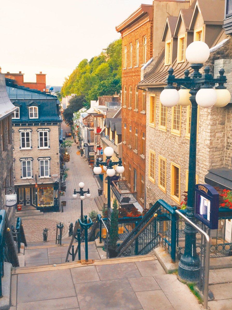 Quebec City, Canada - June 20, 2017. Stairs going up to the upper town of the Old Quebec City. These stairs are leading to the walled upper part of Quebec City and part of the UNESCO World Heritage program