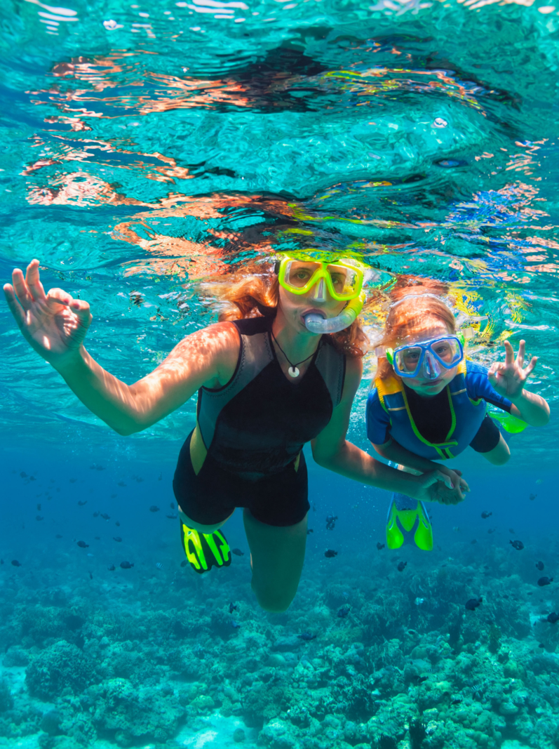 mother, kid in snorkeling mask dive underwater with tropical fishes in coral reef sea pool. Show by hands divers sign OK