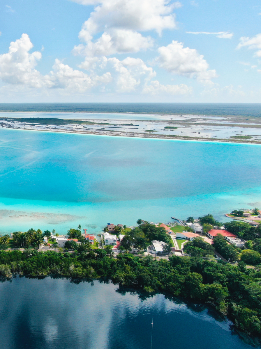 Aerial view of Bacalar lagoon and cenote