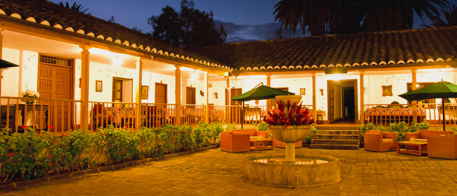 Courtyard with Fountain, Spanish Hacienda, long exposure night