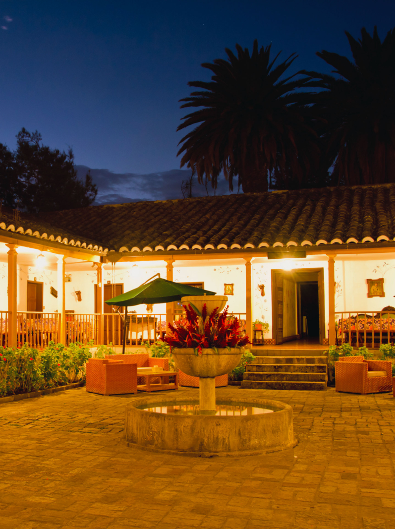 Courtyard with Fountain, Spanish Hacienda, long exposure night