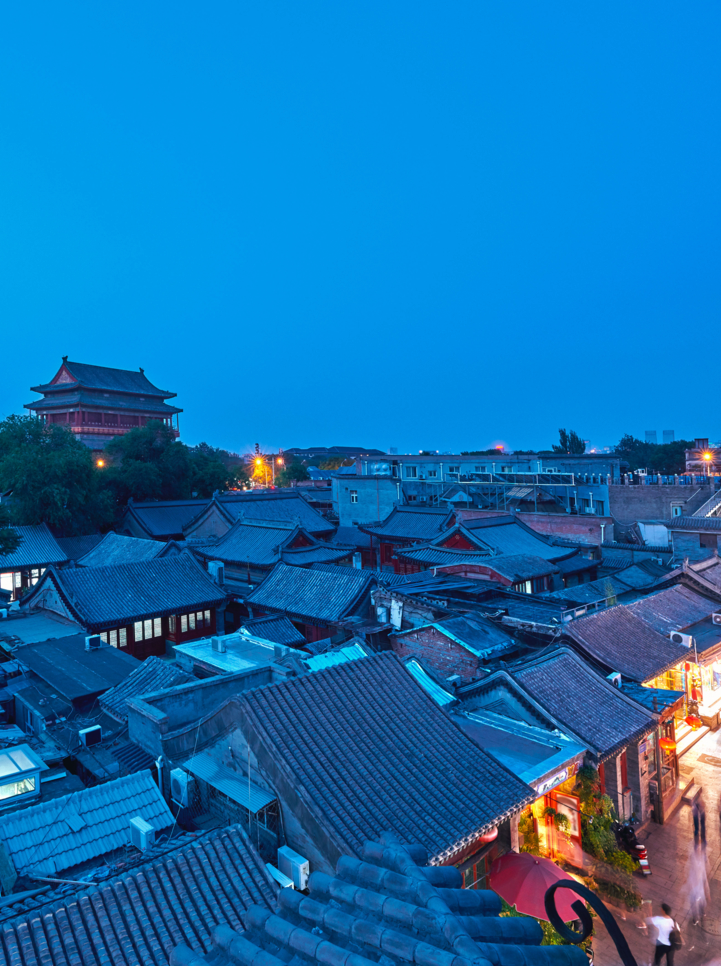 Beijing's old town at sunset in blue sky, China