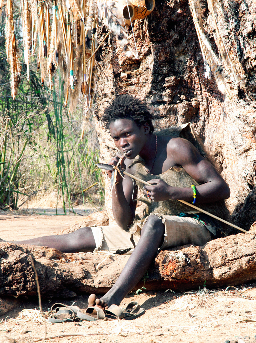 Hadzabe (or Hadza) young bushman making the arrow for hunting bow.