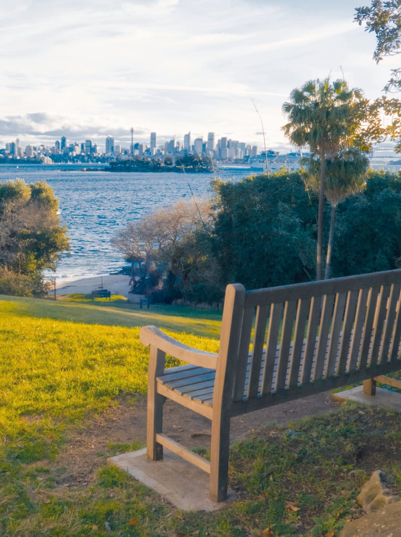 A bench with Sydney skyline view