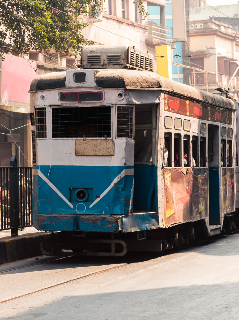 Historic and heritage tram of Calcutta running through part of the old town.