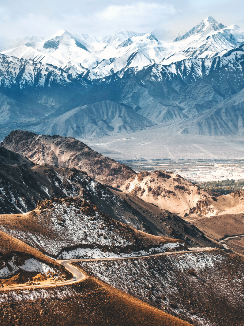 Landscape of Snow mountains and mountain road to Nubra valley in Leh, Ladakh India