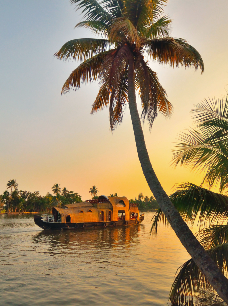 Un bateau à moteur naviguant dans les arrière-plans du kerala au coucher du soleil.