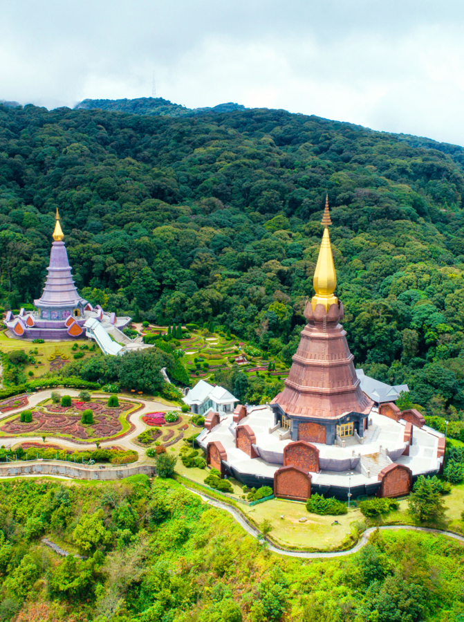 Phra Mahathat Naphamethanidon and Phra Mahathat Naphaphon Phum Siri at Doi Inthanon, Thailand. These two stupas are dedicated to the recently late king and his wife.