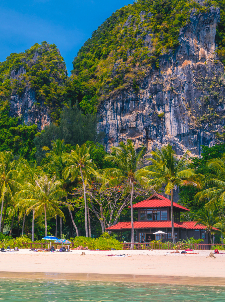 Red roof bungalow house on Railay beach west, Ao Nang, Krabi, Thailand