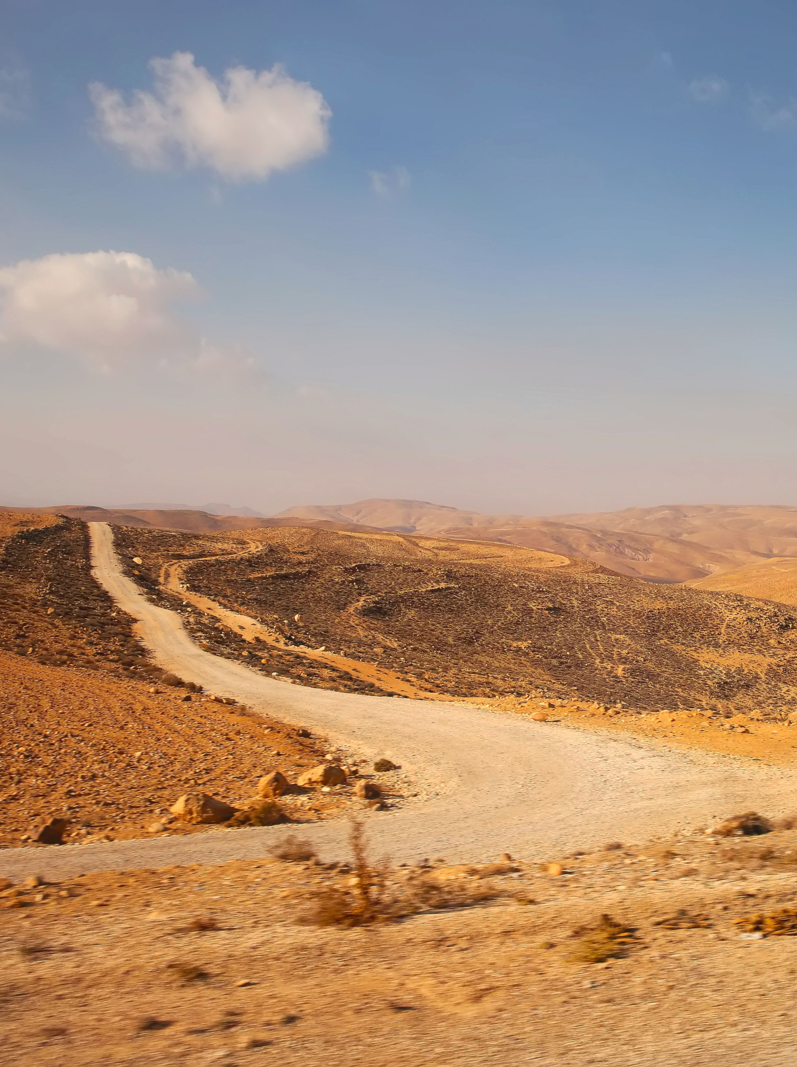 Views from King's Highway road & Wadi Musa, across the desert between Aqaba & Petra, Jordan.