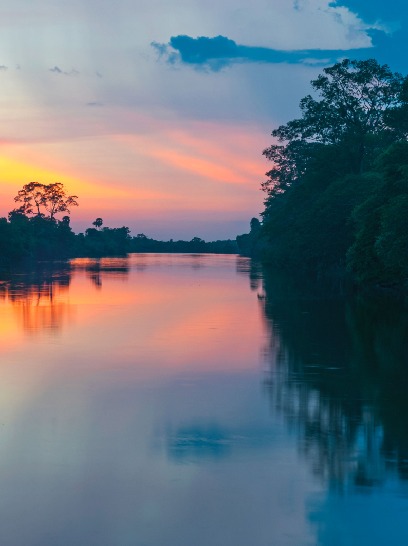 Sunset along the banks of the Amazon River. The tributaries of the Amazon extend until Brazil, Peru, Colombia, Ecuador, Bolivia, Venezuela and Guyana.