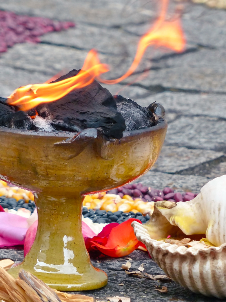 Elements of Chacana (Chakana) or Ceremony in homage to Pachamama (Mother Earth) - bowl with fire and sea shell - is an aboriginal ritual of the indigenous peoples of the central Andes, Ecuador