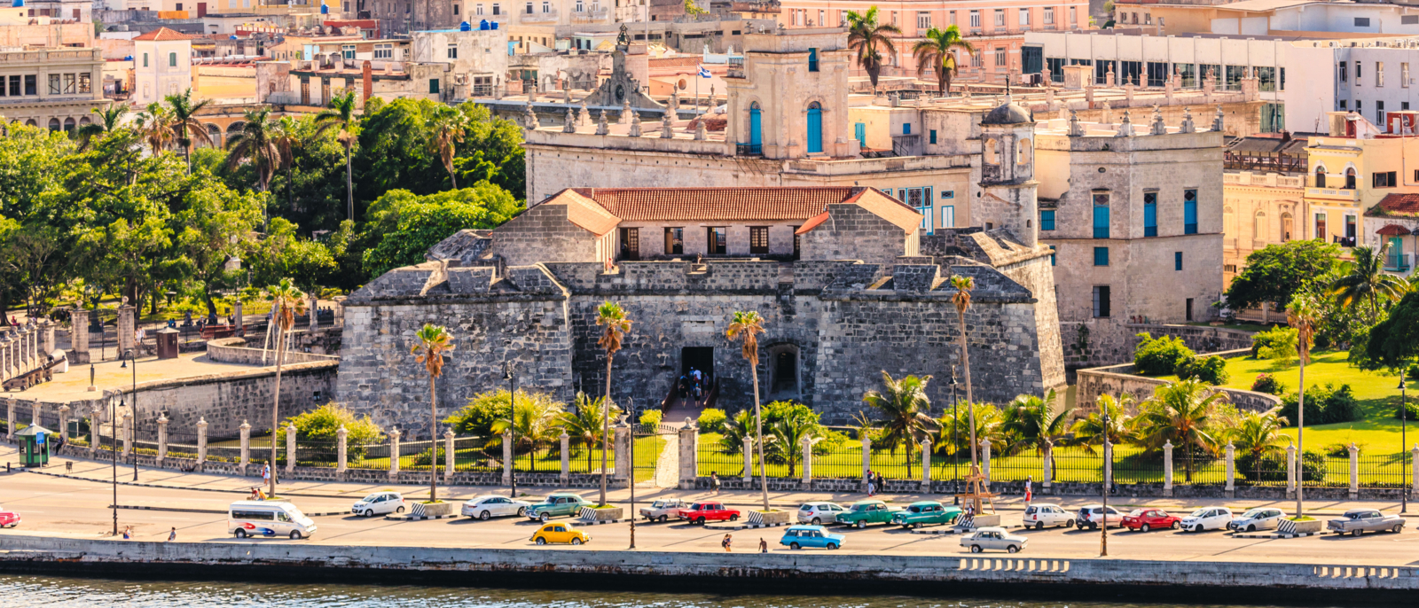 View to old fortress on Malecon street and old city center, Havana, Cuba