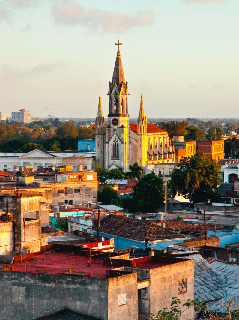 Camaguey, Cuba - December 19, 2016: Camaguey (UNESCO World Heritage Centre) from above. View of the roofs and the Sacred Heart of Jesus Cathedral